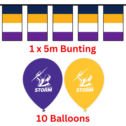 Melbourne Storm NRL Birthday Bunting Flags 5 metre & 10 Helium Balloons