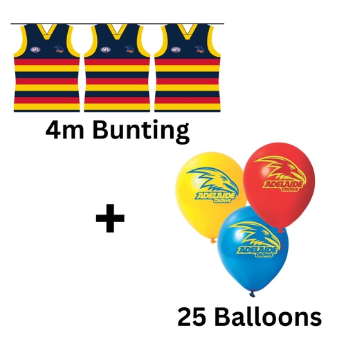 Adelaide Crows AFL Bunting Flags 4M & 25 Helium Balloons Birthday Party Pack