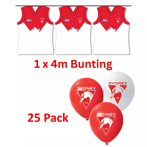 Sydney Swans AFL Bunting Flags 4m & 25 Balloons Birthday Party Pack
