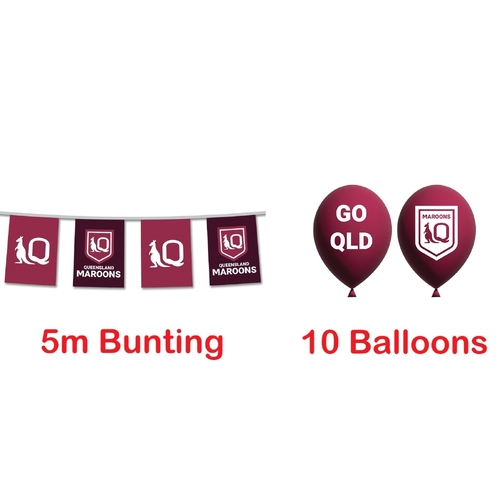 Queensland QLD Maroons State of Origin Party Bunting Flags 5M & 10 Balloons Pack