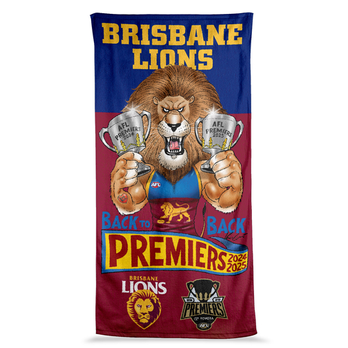 Brisbane Lions AFL 2025 Premiers Caricature Beach Towel P2! In Stock!