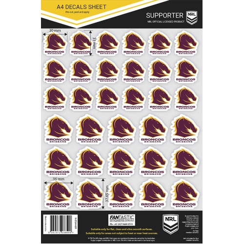 Brisbane Broncos Official NRL A4 Gang Team Logo Decal Sticker Sheets!