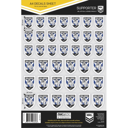 Canterbury Bulldogs Official NRL A4 Gang Team Logo Decal Sheets!