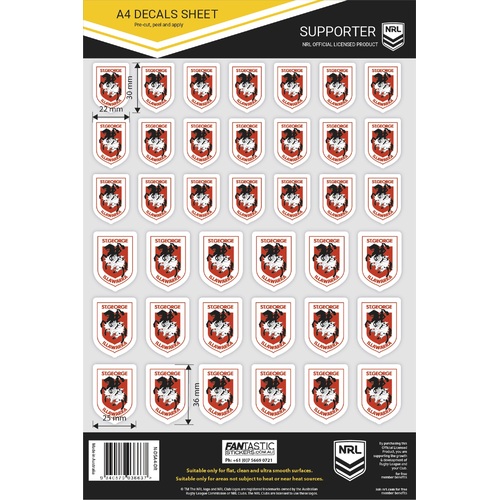 St George Dragons Official NRL A4 Gang Team Logo Decal Sheets!