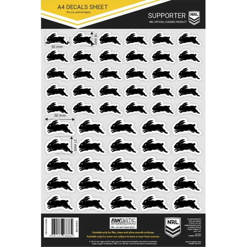 South Syd Rabbitohs Official NRL A4 Gang Team Logo Decal Sheets!