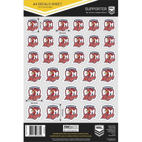 Sydney Roosters Official NRL A4 Gang Team Logo Decal Sheets!