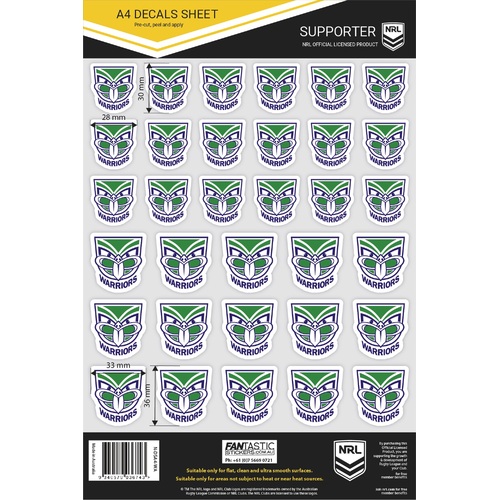 New Zealand Warriors Official NRL A4 Gang Team Logo Decal Sheets!